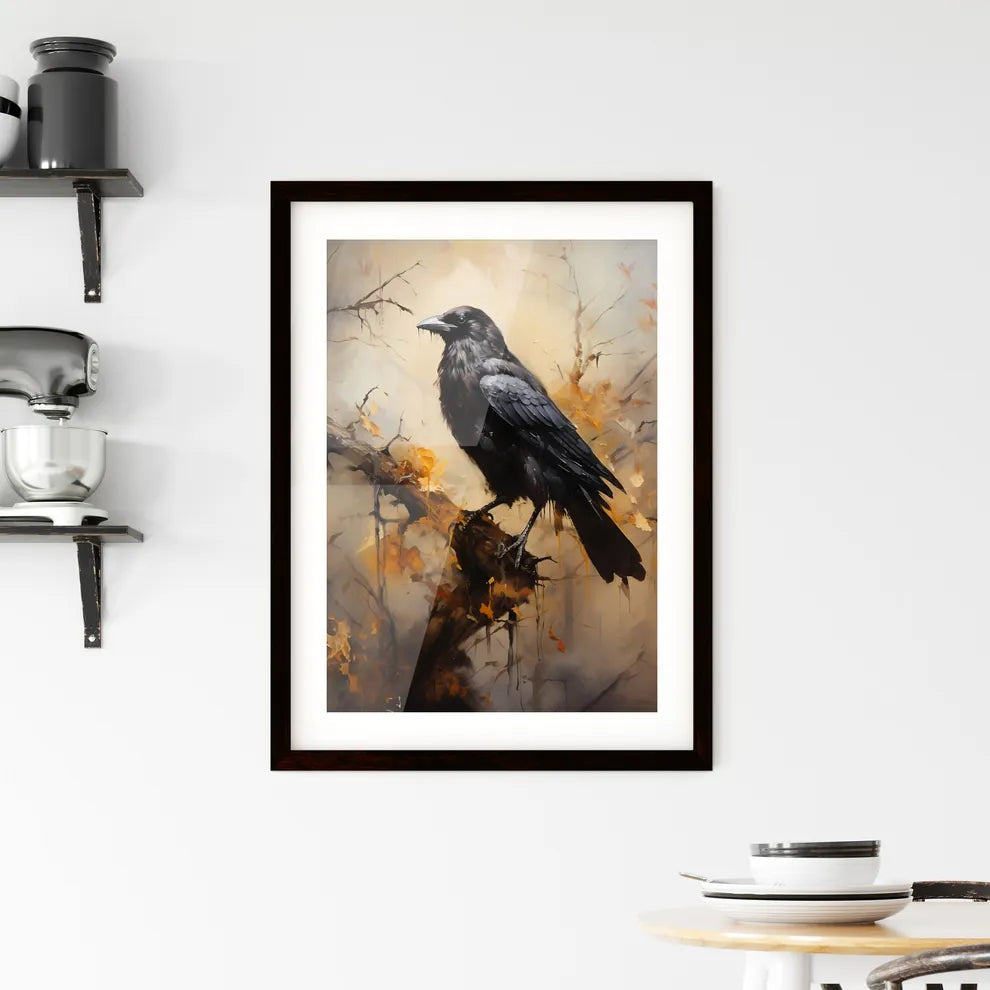 A Poster of A mysterious oil painting with a black crow  Framed Print
