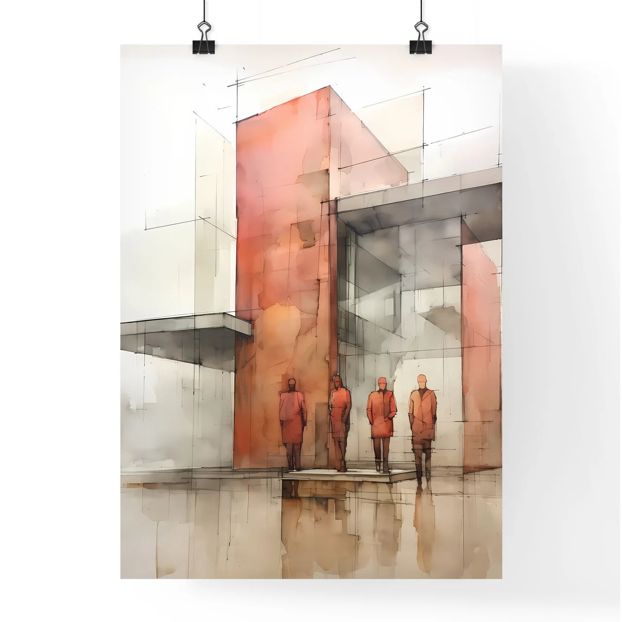 A Poster of minimalism architecture - A Group Of People Standing Outside A Building Poster