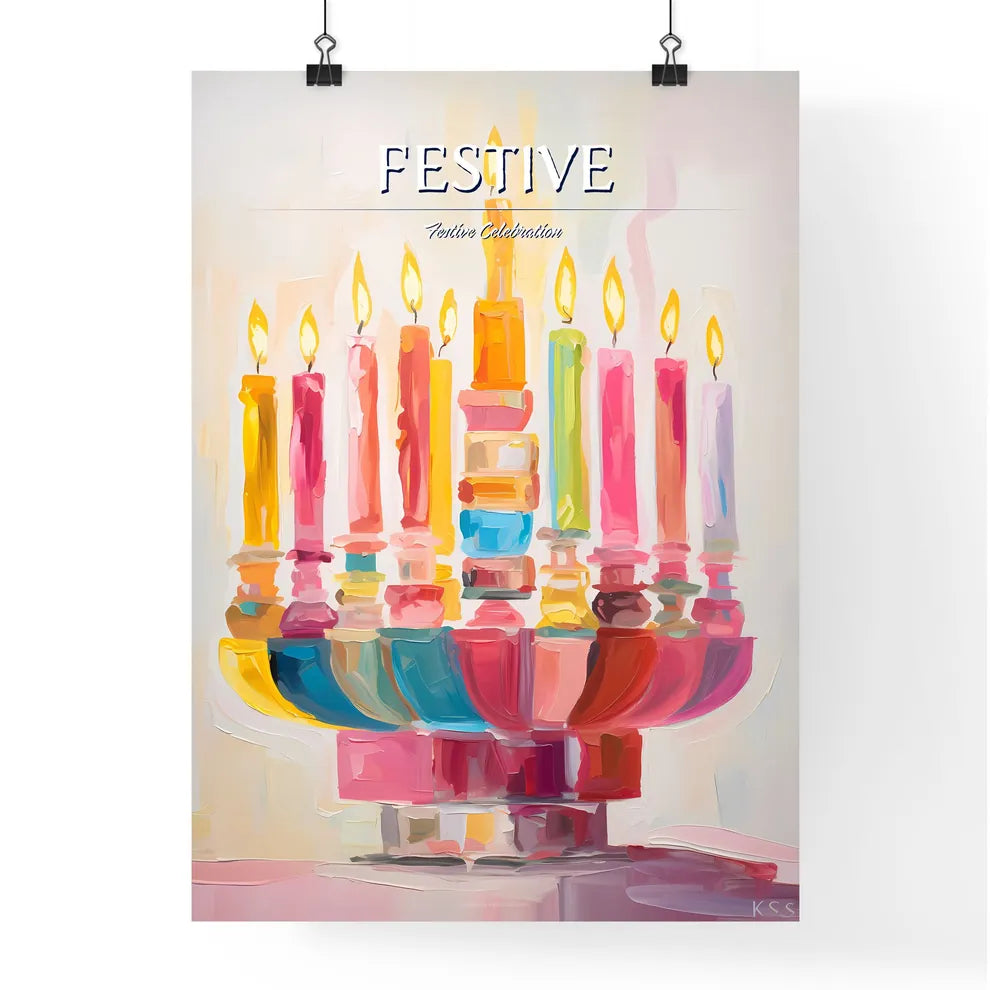 A Poster of a colorful menorah painted on wh Poster
