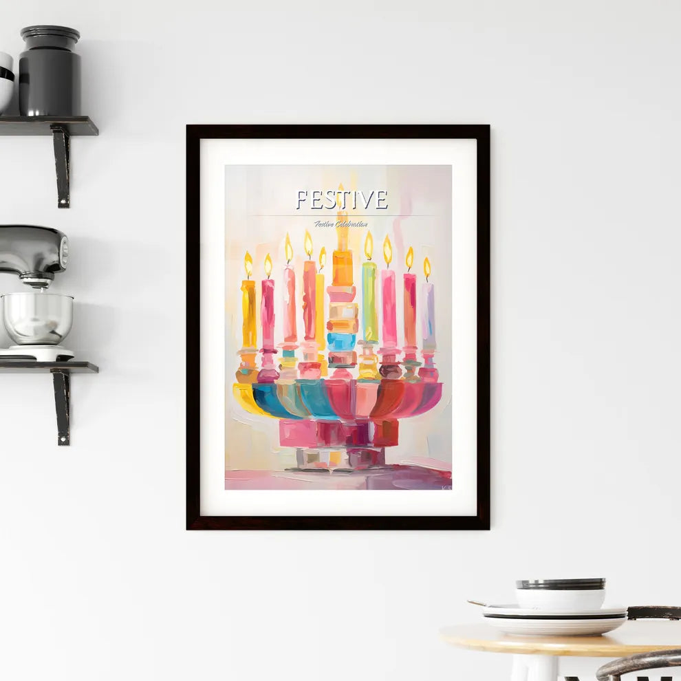 A Poster of a colorful menorah painted on wh Framed Print