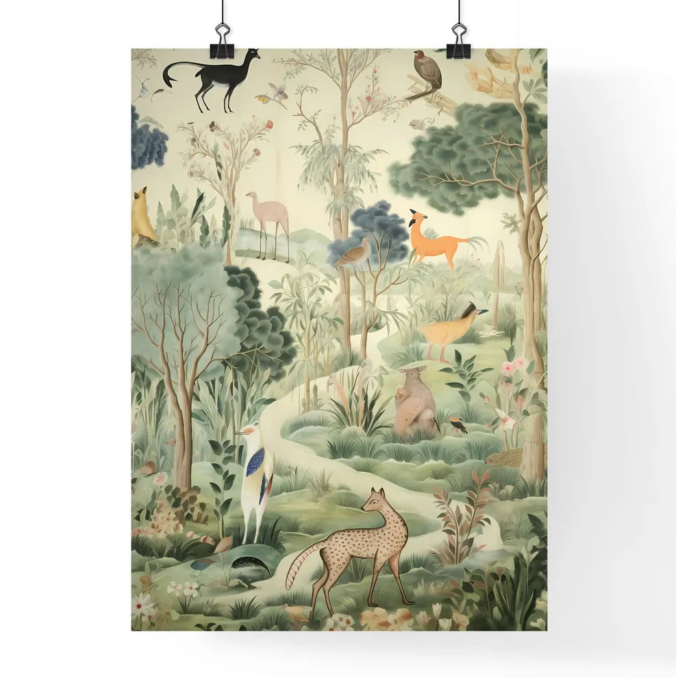A Poster of the tapestry is green with many animals  Poster