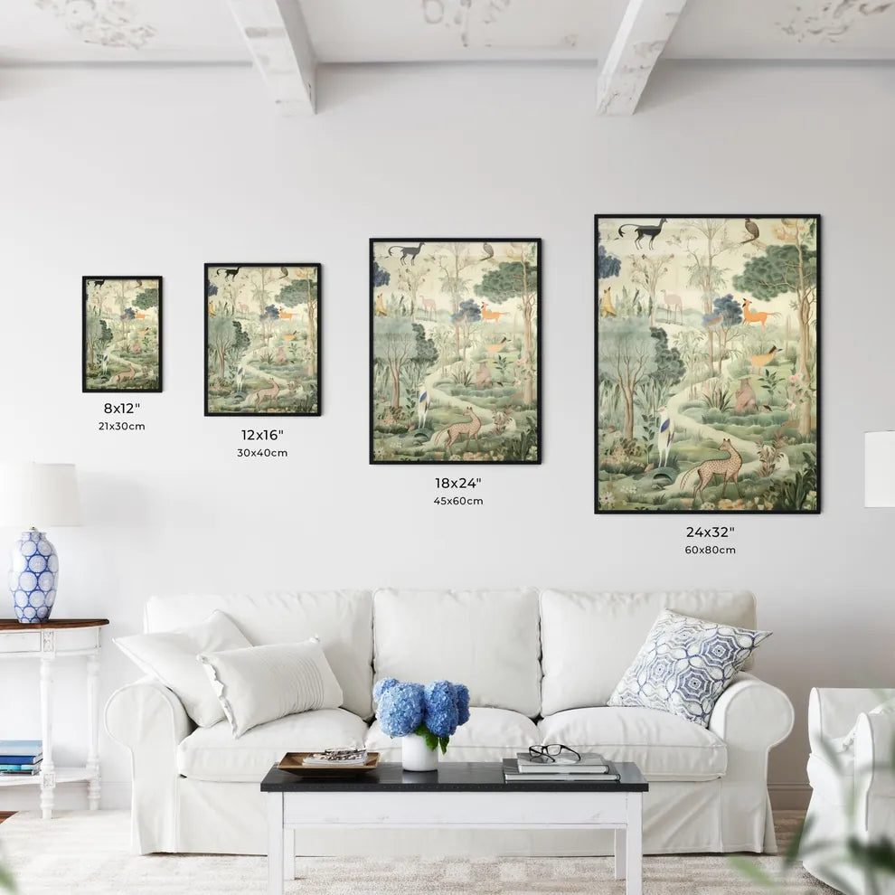 A Poster of the tapestry is green with many animals  Size Chart