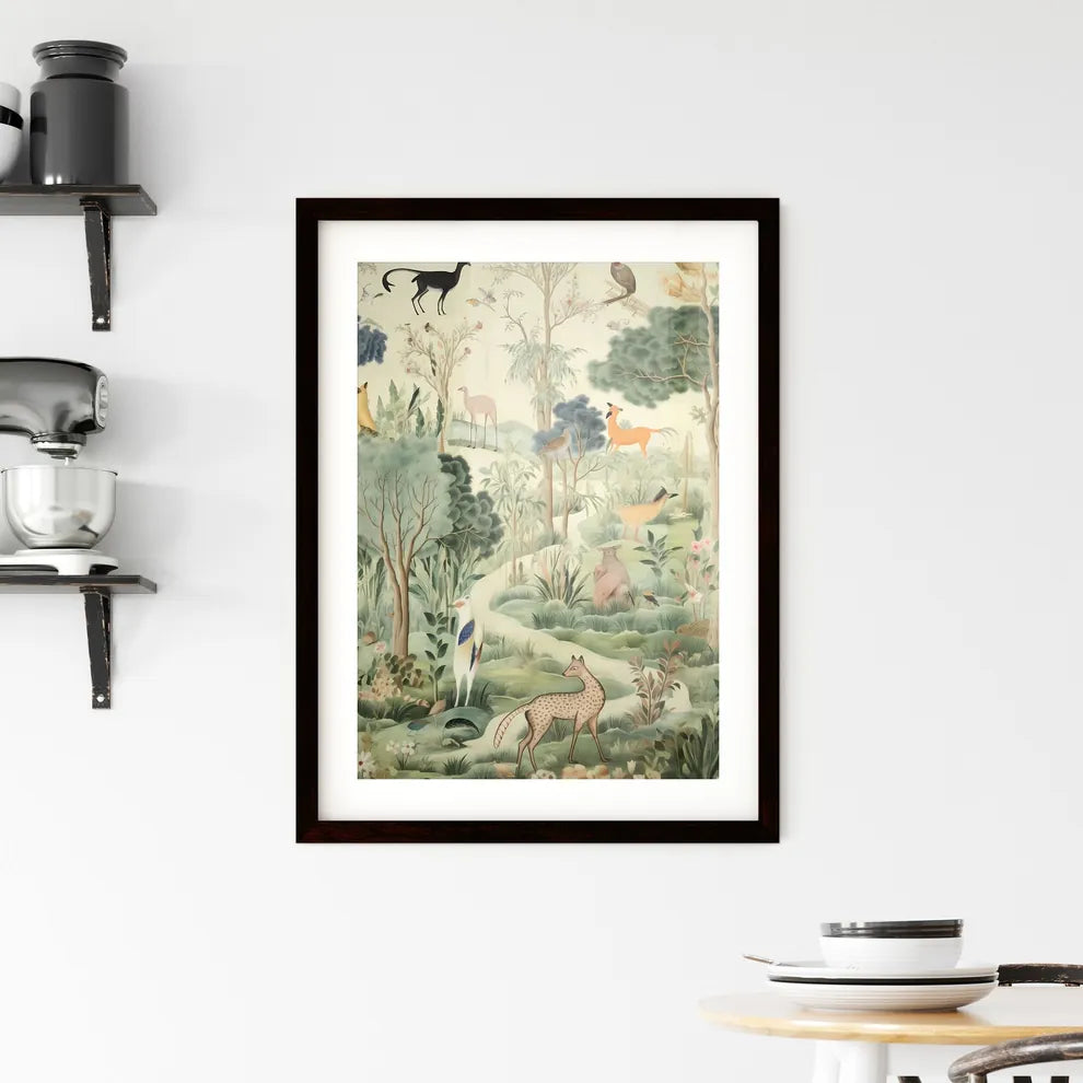 A Poster of the tapestry is green with many animals  Framed Print