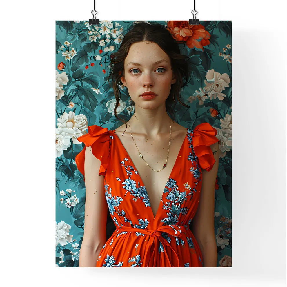 A Poster of an orange dress with blue eyes f Poster