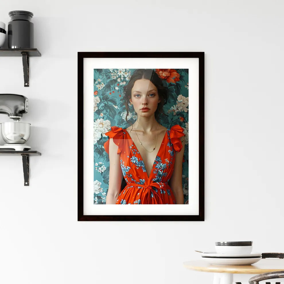 A Poster of an orange dress with blue eyes f Framed Print
