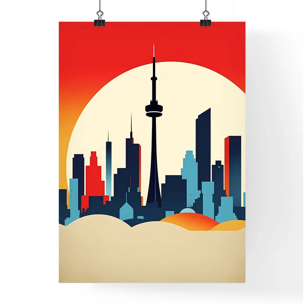 A Poster of minimalist Toronto skyline - A City Skyline With A Large Sun Behind It Poster