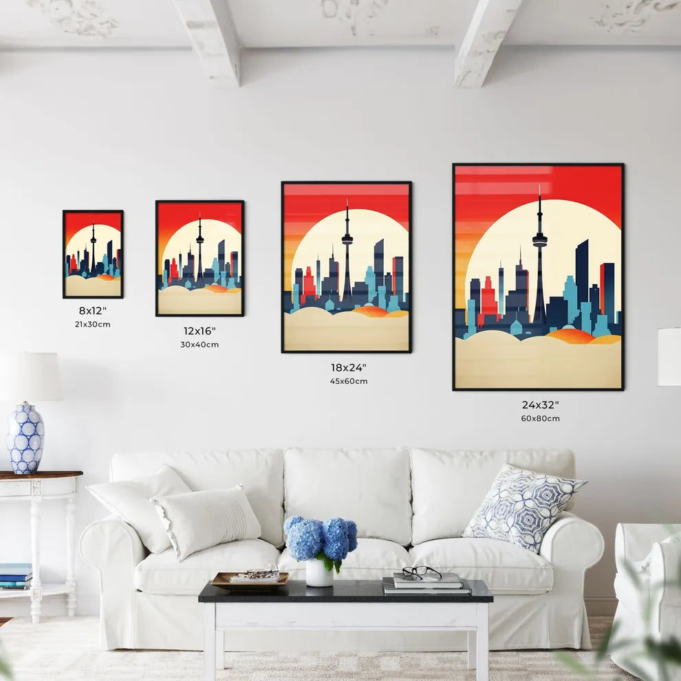 A Poster of minimalist Toronto skyline - A City Skyline With A Large Sun Behind It Size Chart