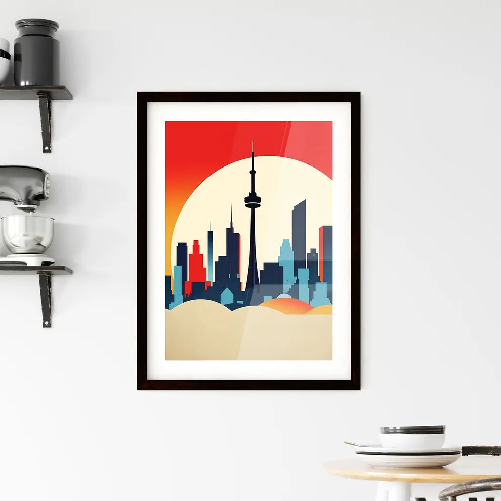 A Poster of minimalist Toronto skyline - A City Skyline With A Large Sun Behind It Custom Print