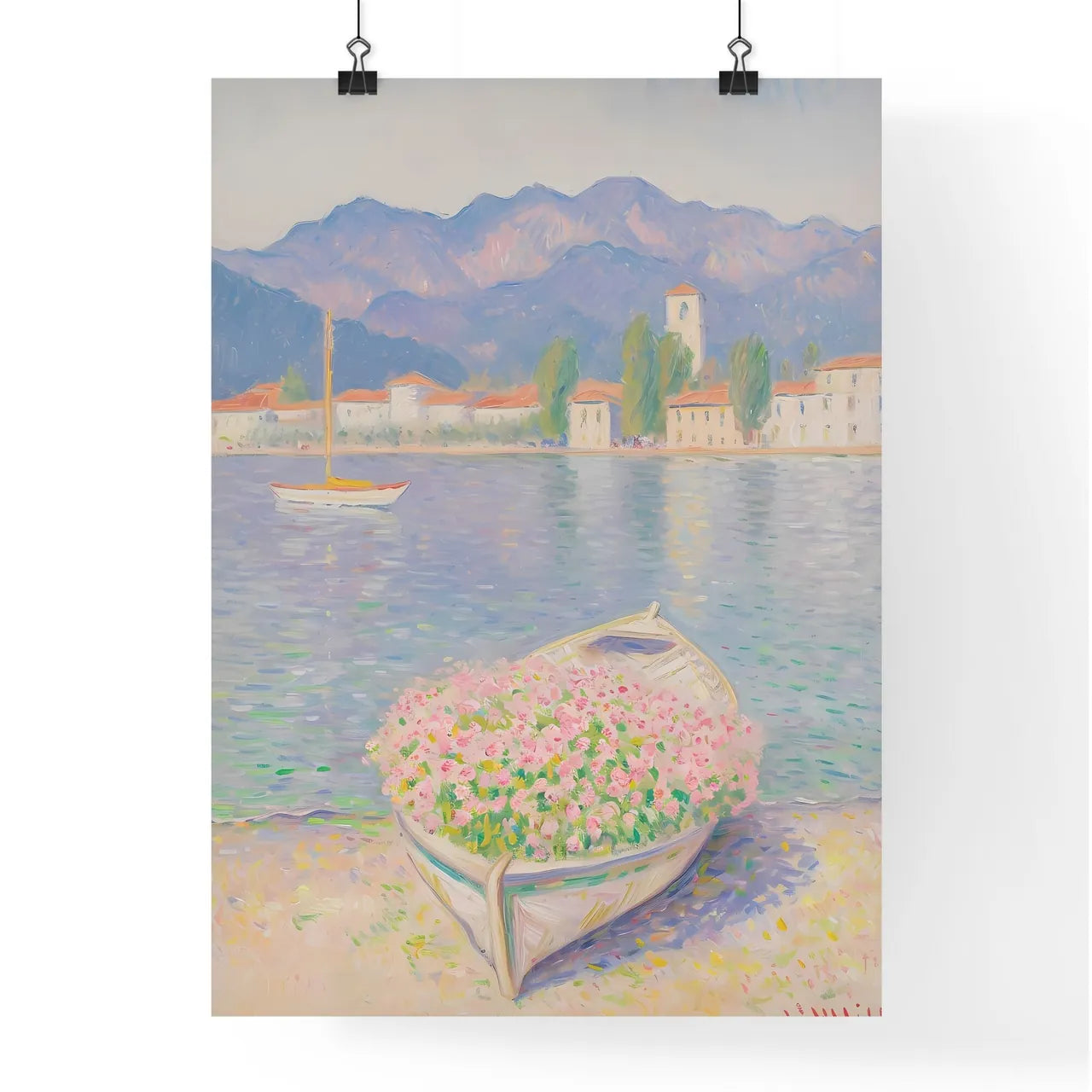 A Poster of a italy seaside - A Painting Of A Boat With Flowers In It Poster