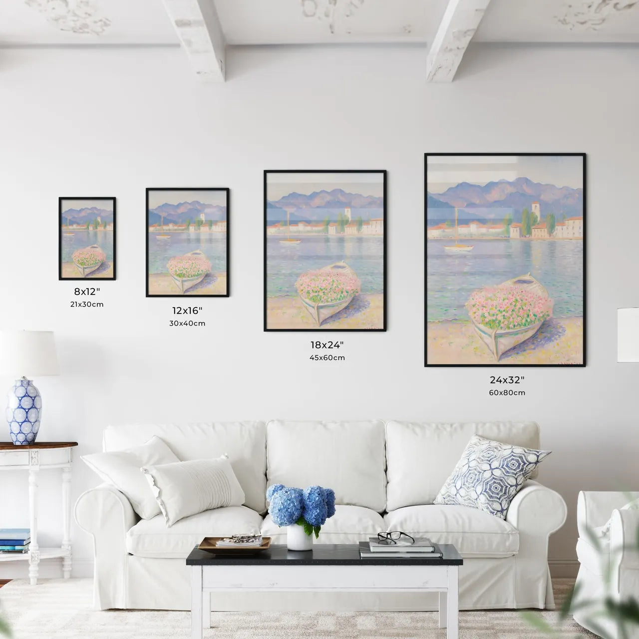 A Poster of a italy seaside - A Painting Of A Boat With Flowers In It Size Chart