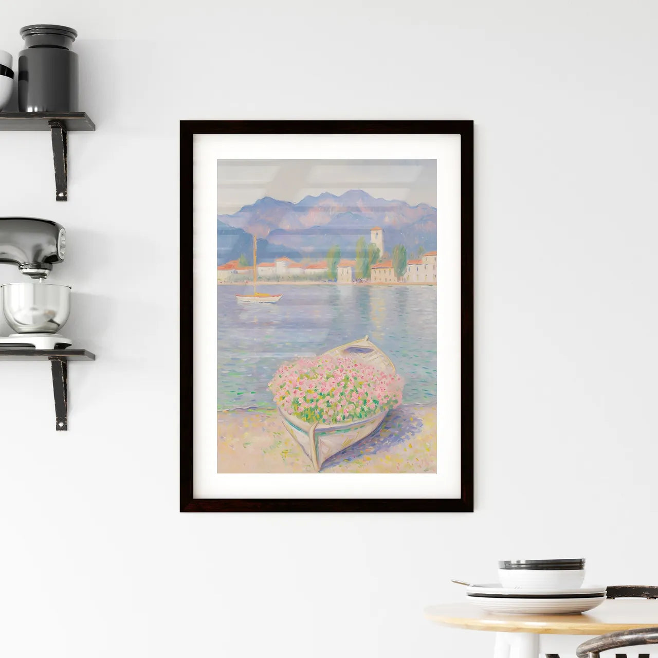 A Poster of a italy seaside - A Painting Of A Boat With Flowers In It Custom Print