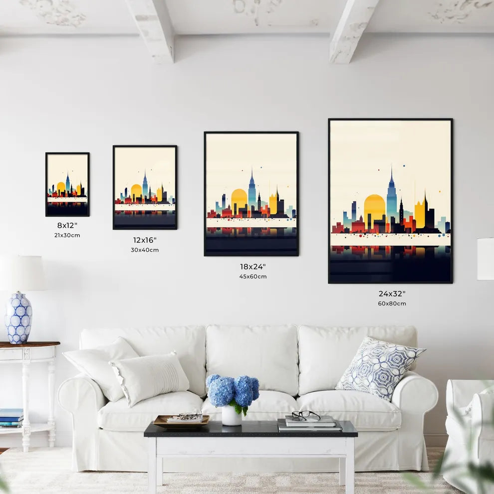 A Poster of minimalist Barcelona skyline - A Colorful City Skyline With A Reflection Size Chart