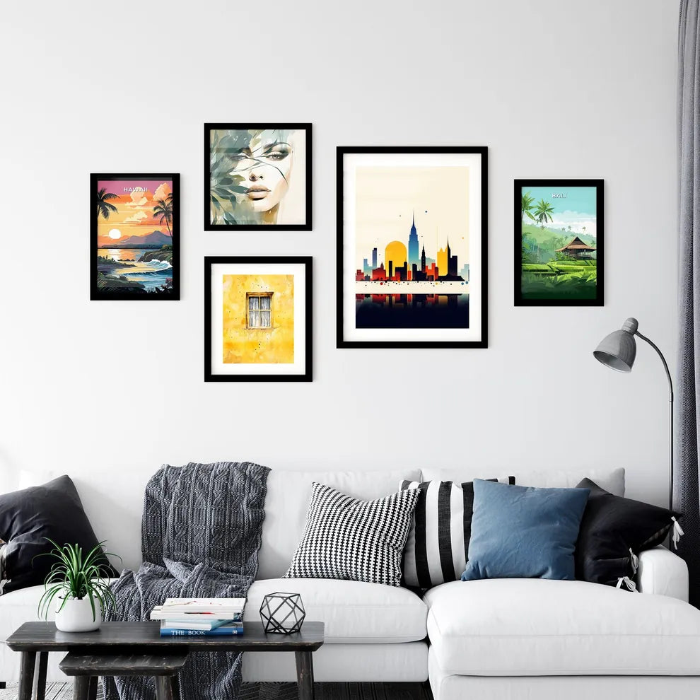A Poster of minimalist Barcelona skyline - A Colorful City Skyline With A Reflection Interior Design