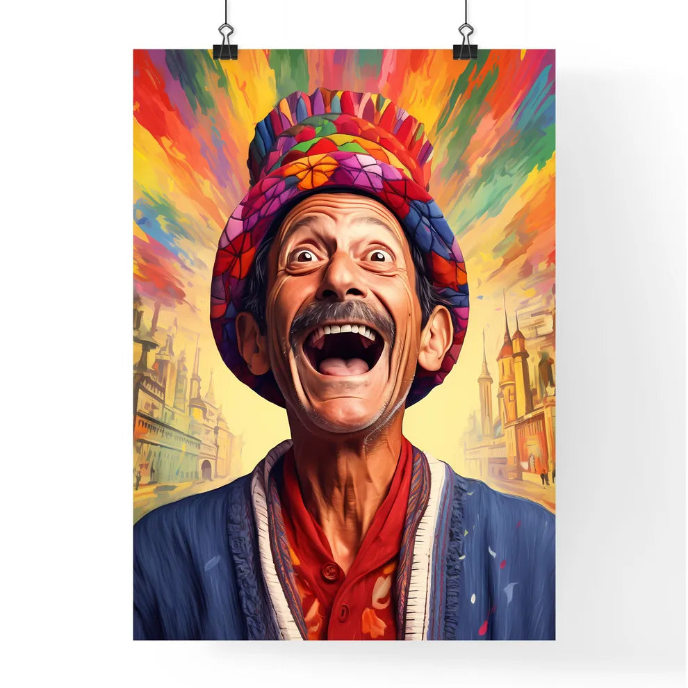 A Poster of happy suprised man wearing santa hat  Poster