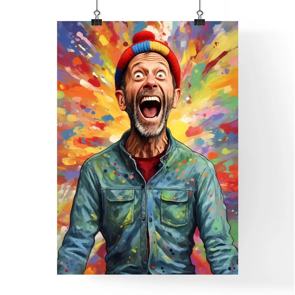 A Poster of happy suprised man wearing santa hat  Poster
