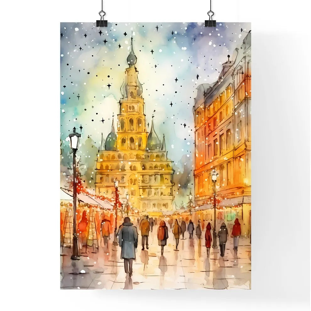 A Poster of people walking a beautiful Italian Christmas market - A Watercolor Painting Of A Street With Buildings And People Walking Poster