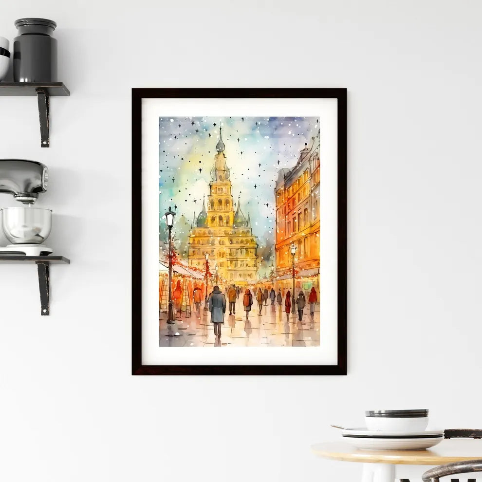 A Poster of people walking a beautiful Italian Christmas market - A Watercolor Painting Of A Street With Buildings And People Walking Custom Print