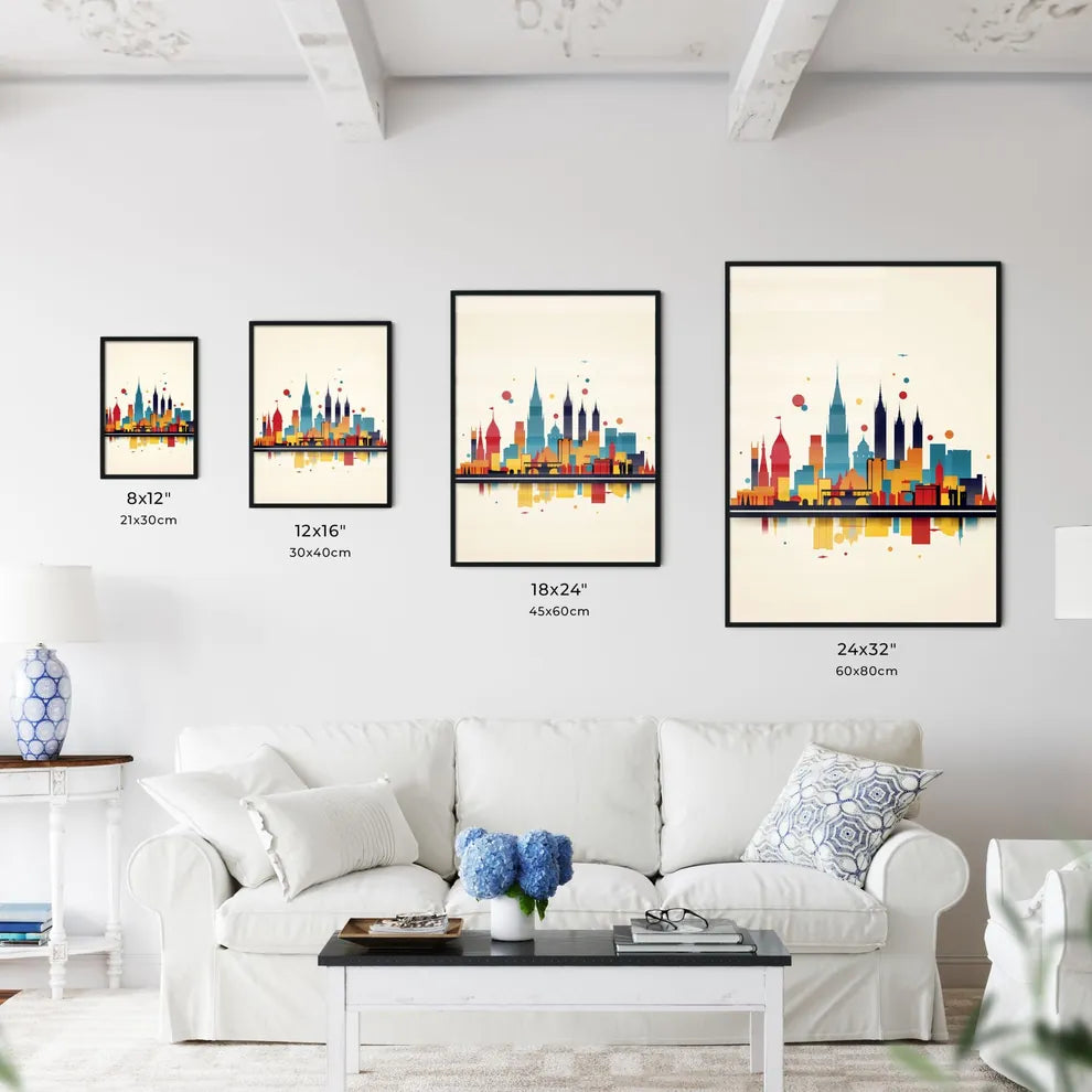 A Poster of minimalist Barcelona skyline - A Colorful City Skyline With Many Buildings Size Chart