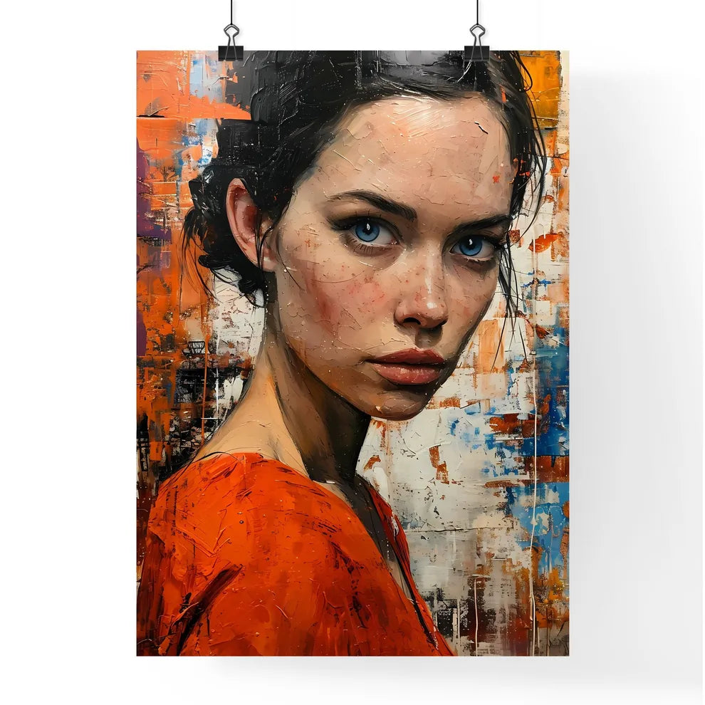 A Poster of an orange dress with blue eyes f Poster