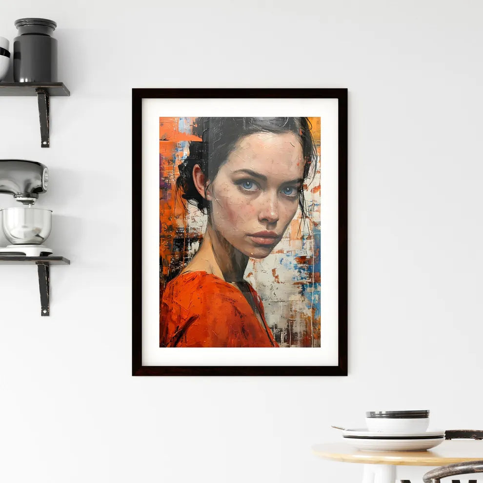 A Poster of an orange dress with blue eyes f Framed Print