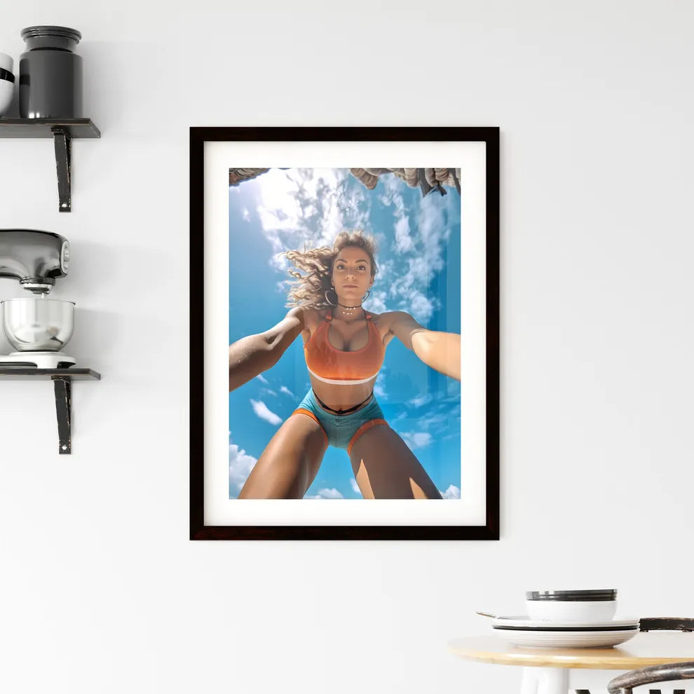 A Poster of influencer at the beach - A Woma Framed Print