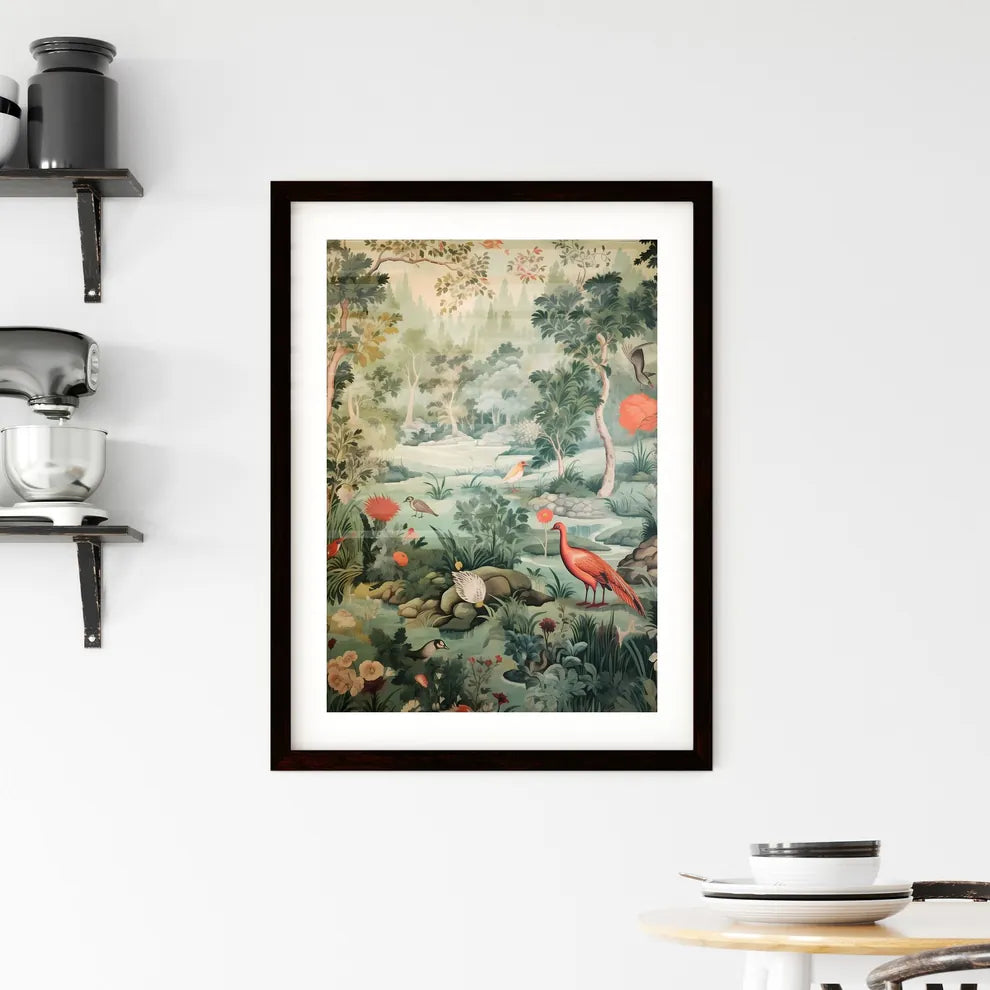 A Poster of the tapestry is green with many animals  Framed Print