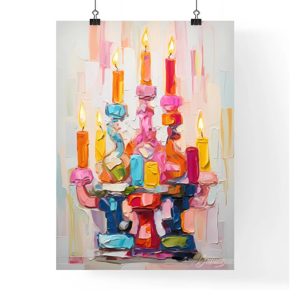 A Poster of a colorful menorah painted on wh Poster