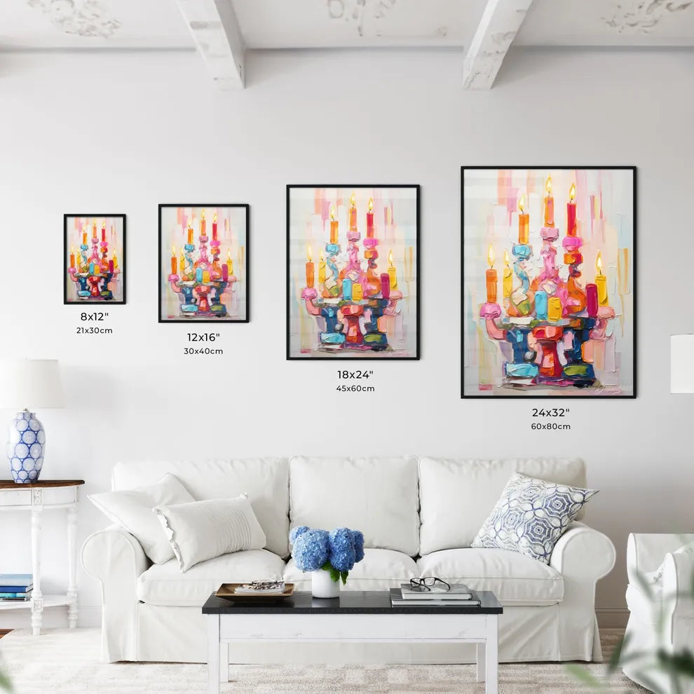 A Poster of a colorful menorah painted on wh - Kitchen Hangings