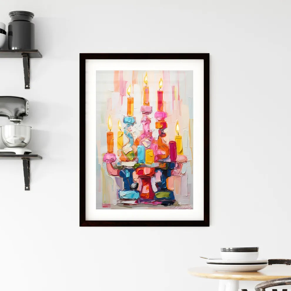 A Poster of a colorful menorah painted on wh Framed Print