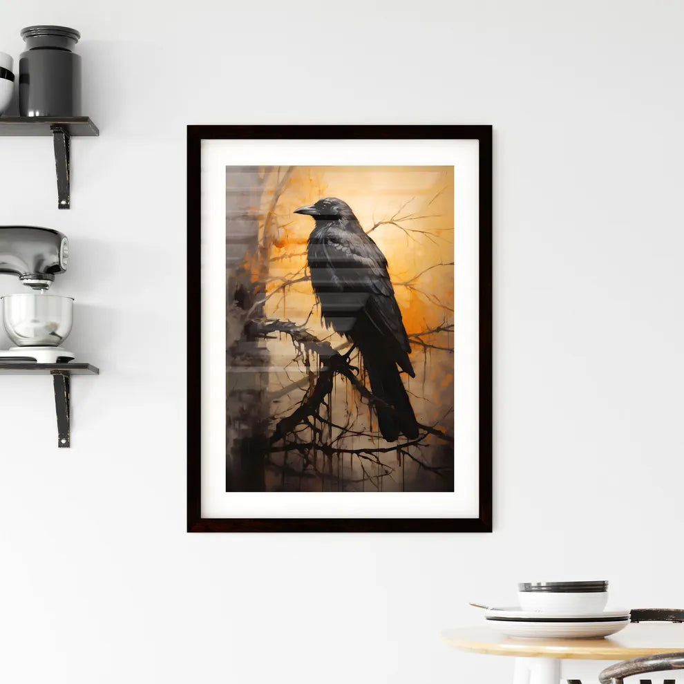 A Poster of A mysterious oil painting with a black crow  Framed Print