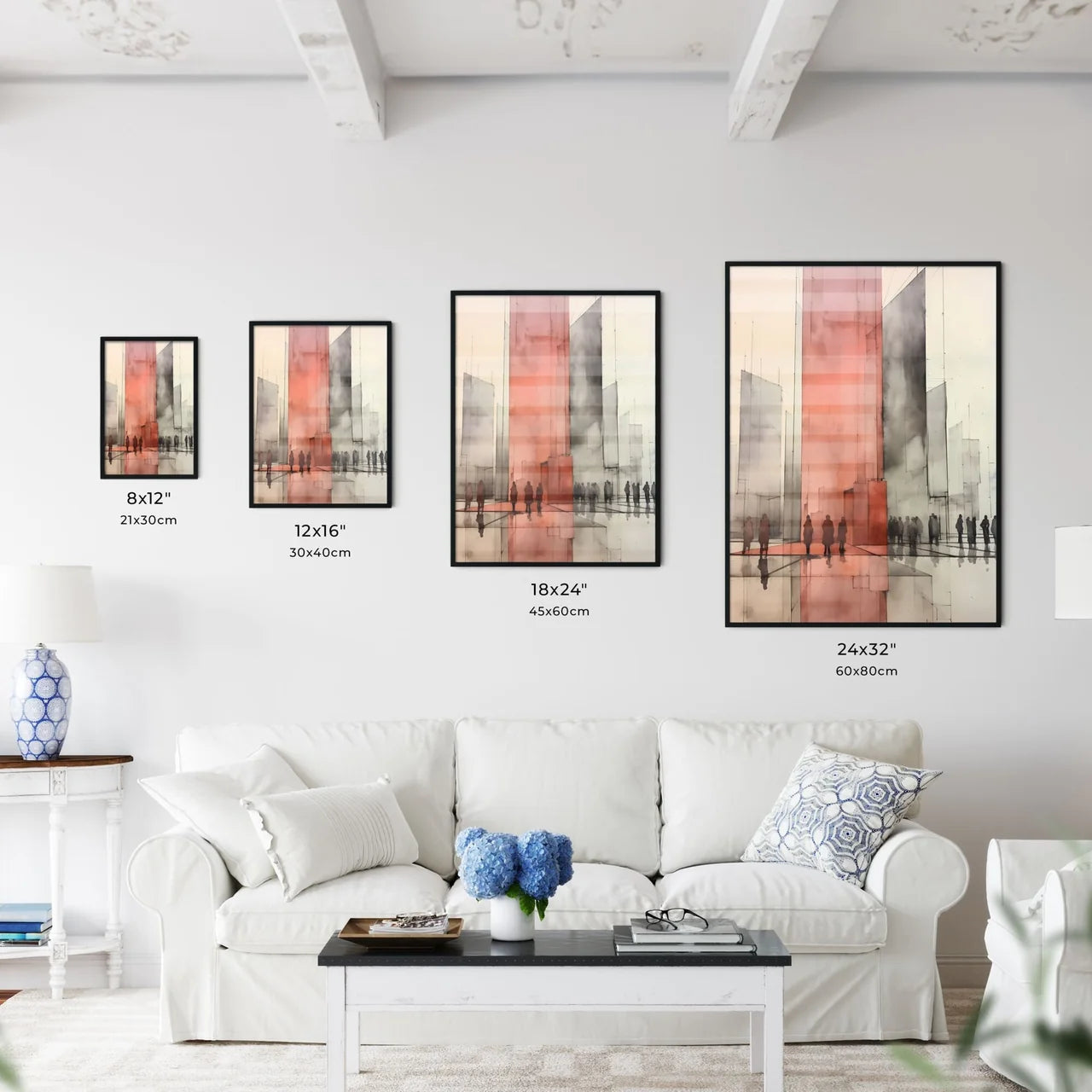 A Poster of minimalism architecture - A Group Of People Standing In A City Size Chart