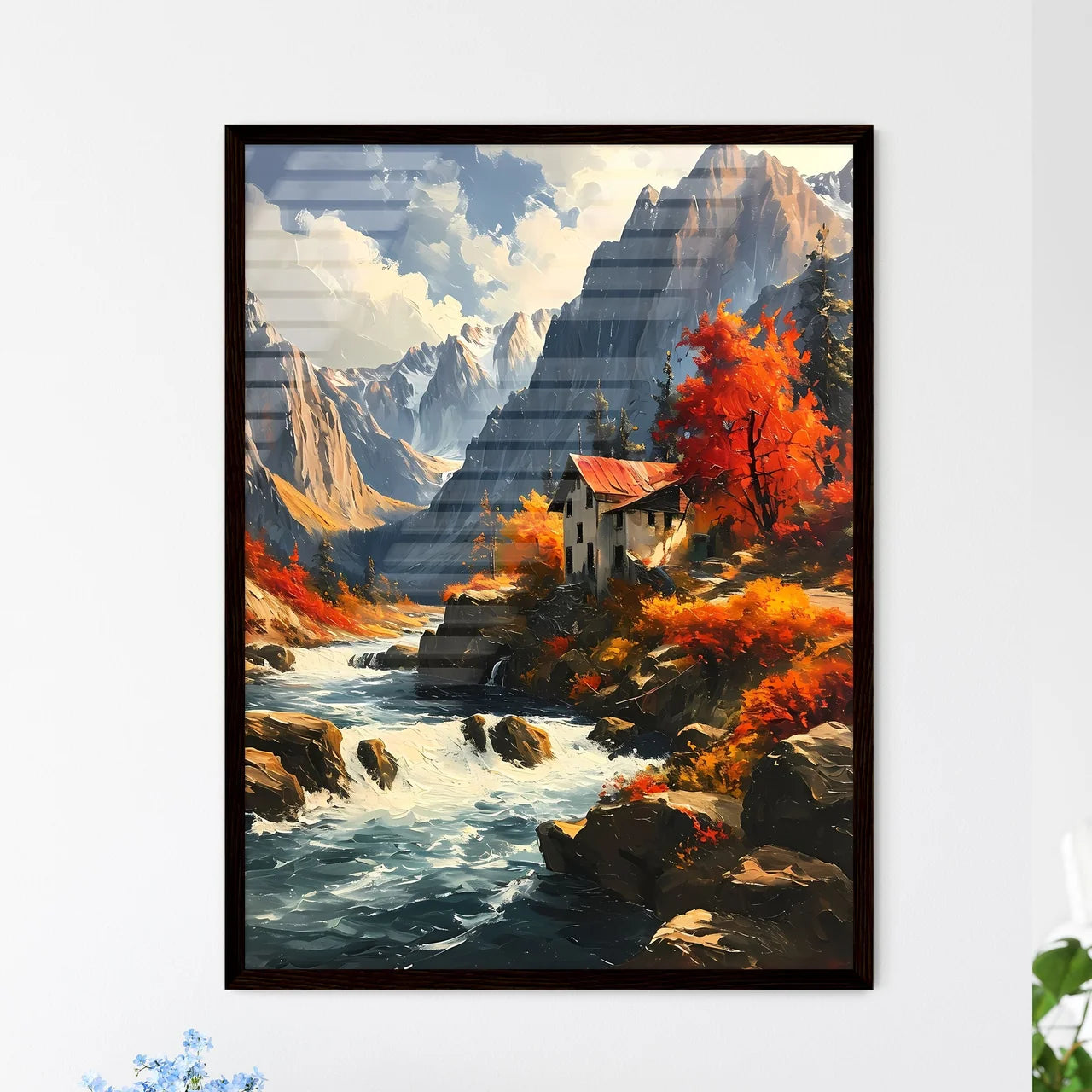 A Poster of Waterfalls landscape - A House O - Framed Art Print