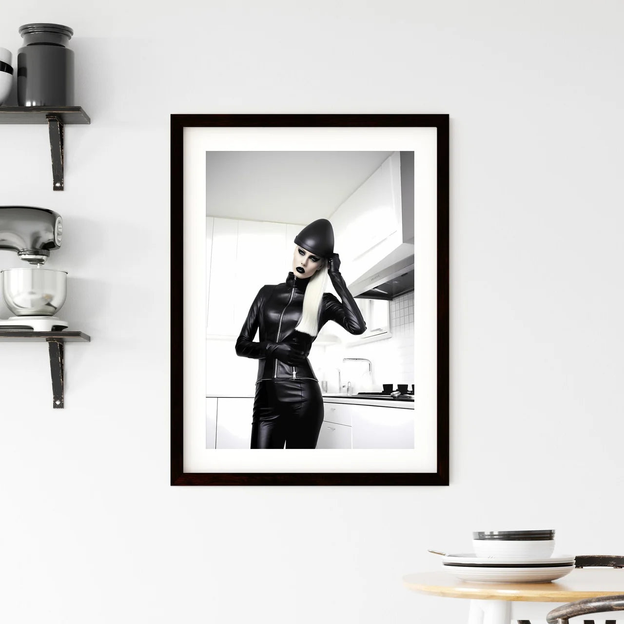 A Poster of woman wearing skintight black le Framed Print