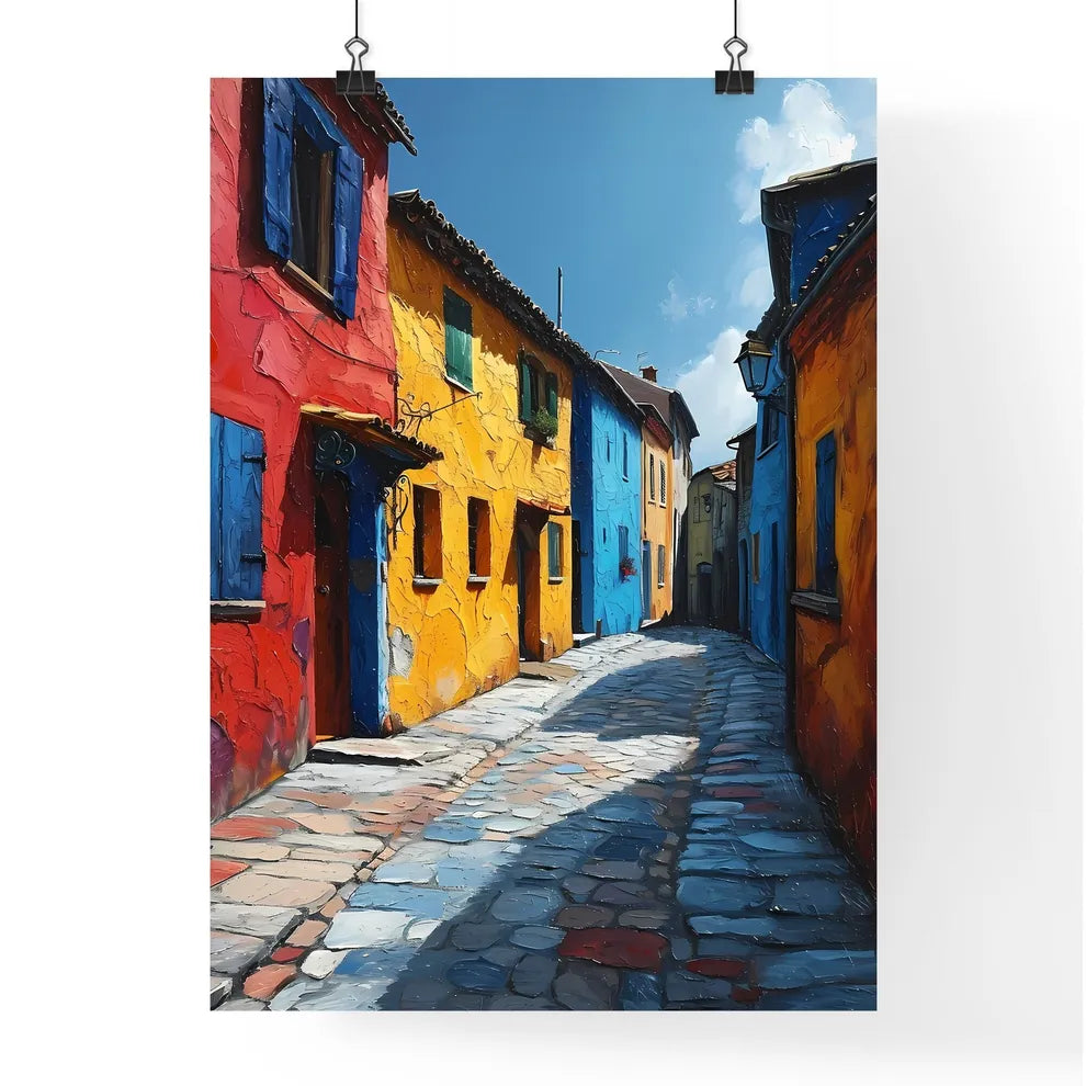 A Poster of Languedoc France - A Colorful Alleyway With Buildings And A Street Light Poster