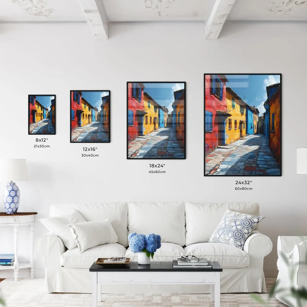 A Poster of Languedoc France - A Colorful Alleyway With Buildings And A Street Light Size Chart