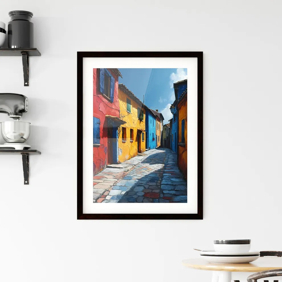 A Poster of Languedoc France - A Colorful Alleyway With Buildings And A Street Light Custom Print