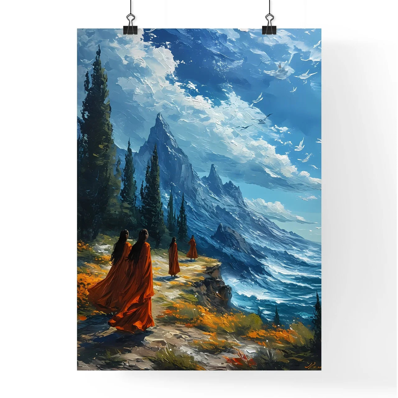 A Poster of a green sunny landscape with man Poster