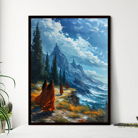A Poster of a green sunny landscape with man - Framed Art Print