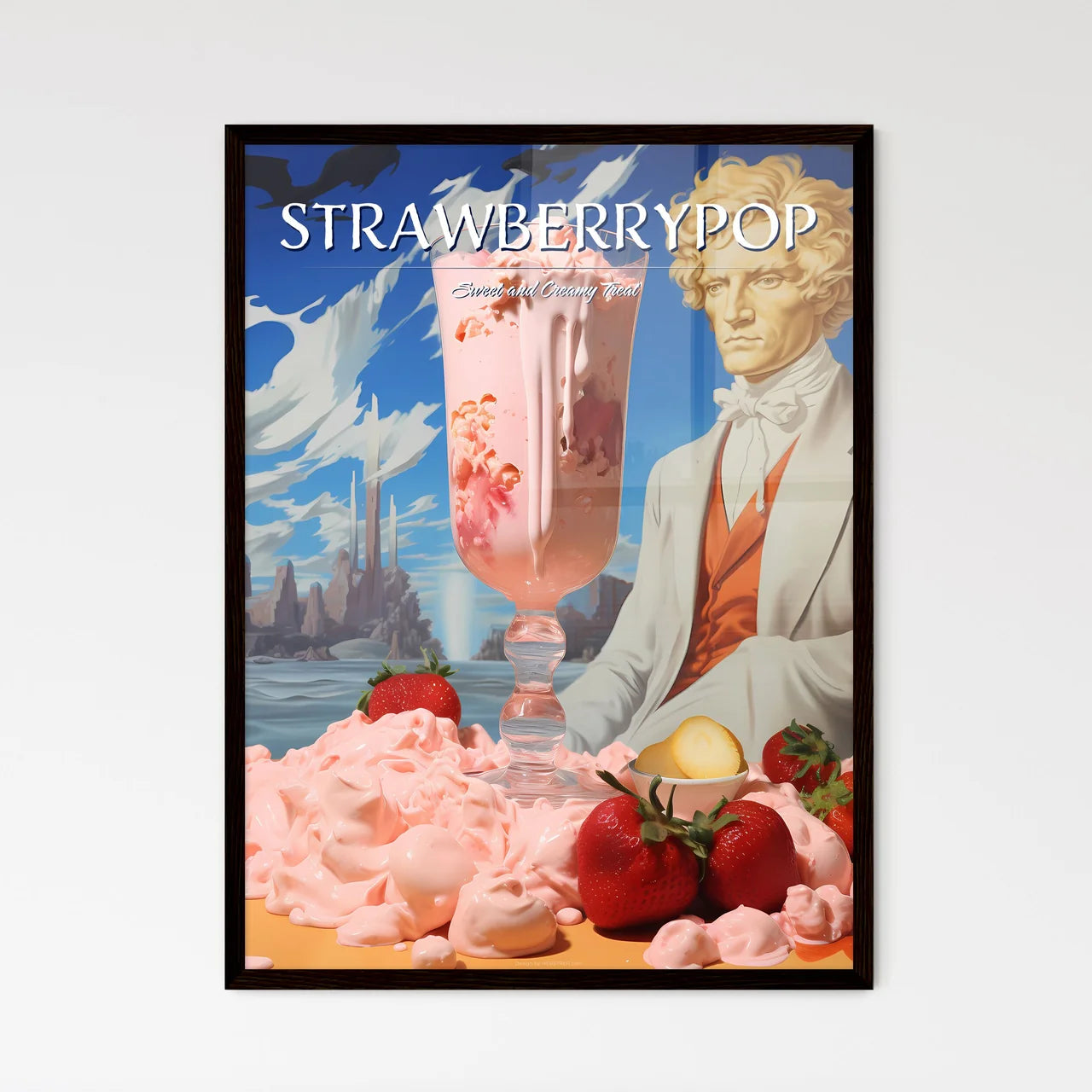 A Poster of strawberry milkshake - A Glass O - Framed Art Print