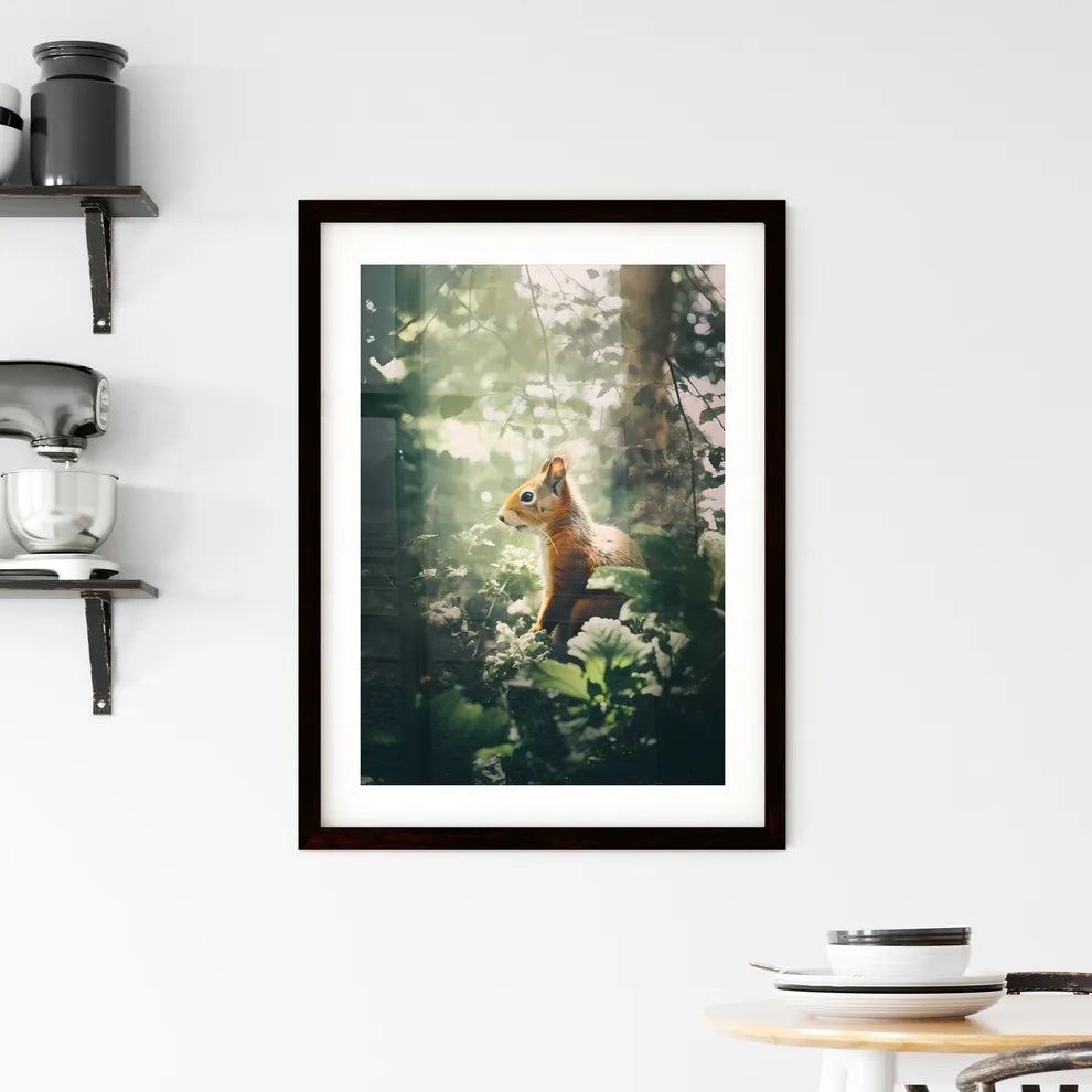 A Poster of a squirrel scampers after nuts  Framed Print