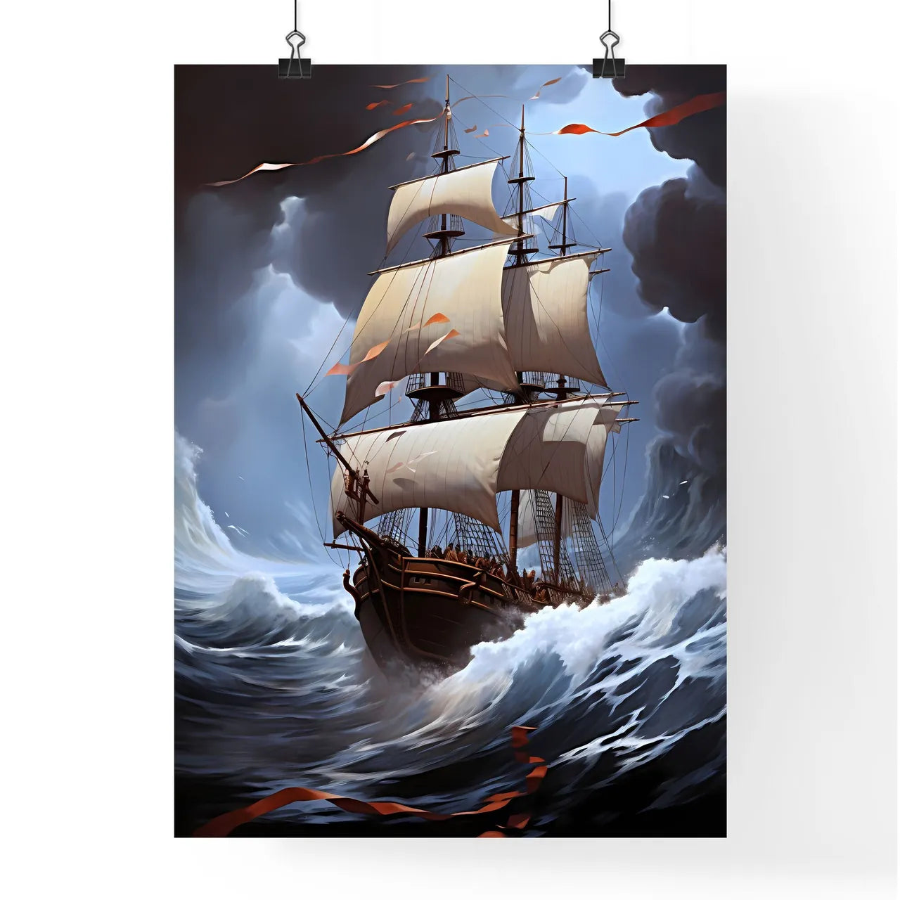 A Poster of a painting of a big ship with bi Poster