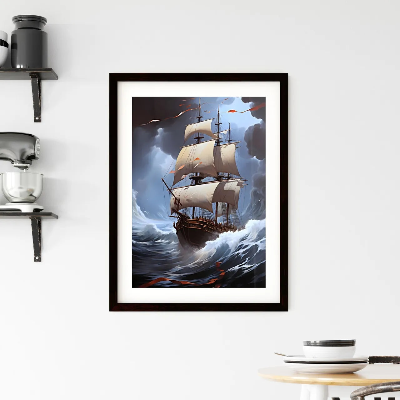 A Poster of a painting of a big ship with bi Framed Print