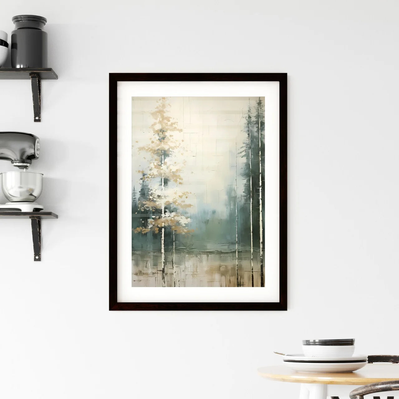 A Poster of painted forest of trees in white Framed Print