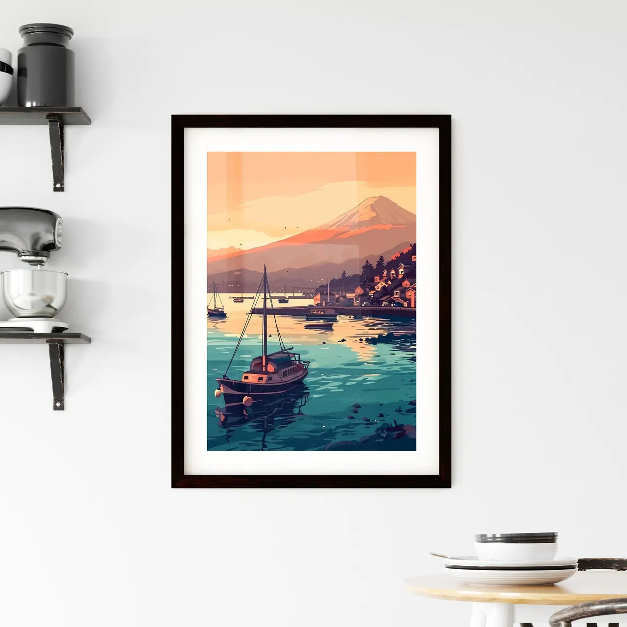 A Poster of Mount Fuji - A Small Town Framed Print