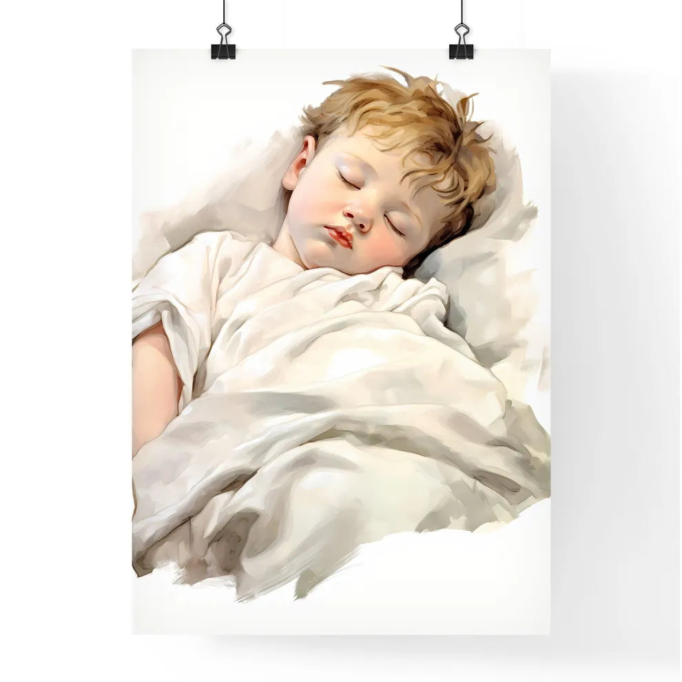 A Poster of baby sleeping in a white blanket Poster