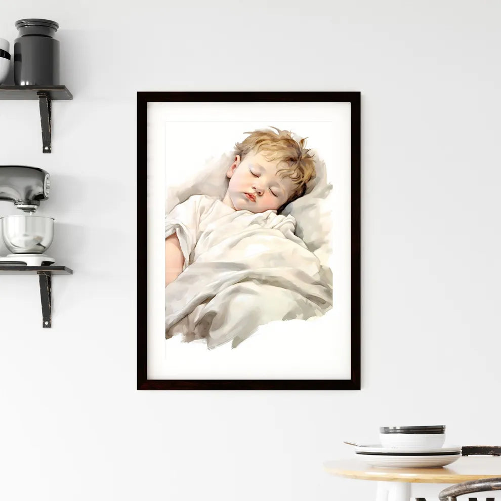 A Poster of baby sleeping in a white blanket Framed Print