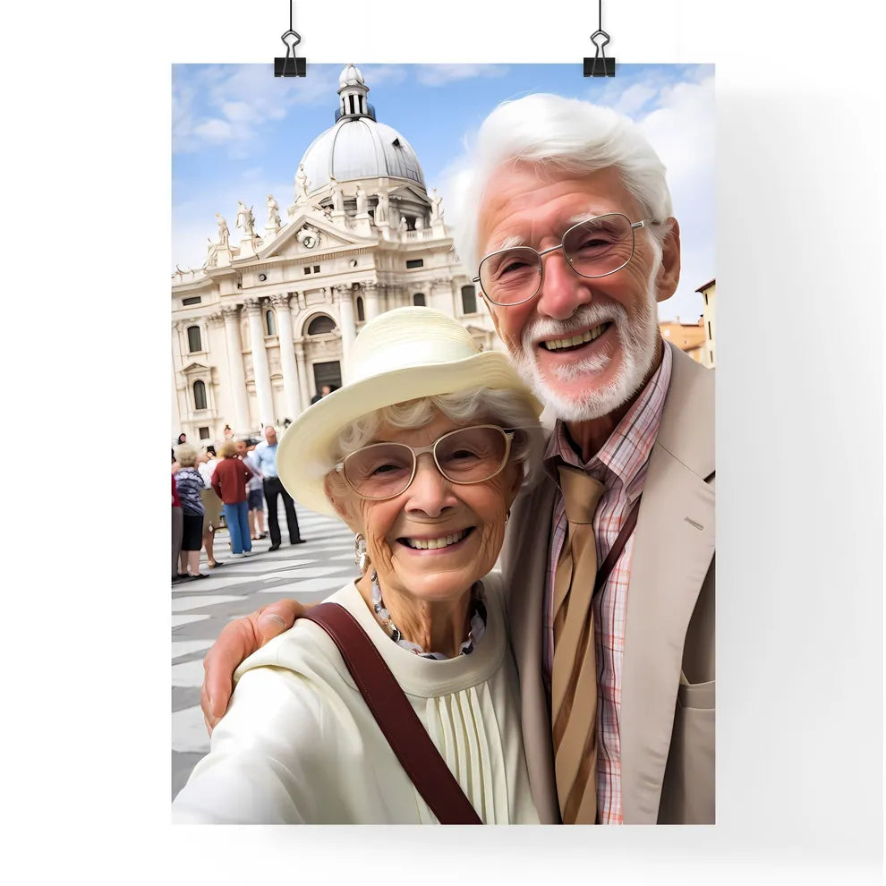A Poster of Smiling elderly couple taking a  Poster