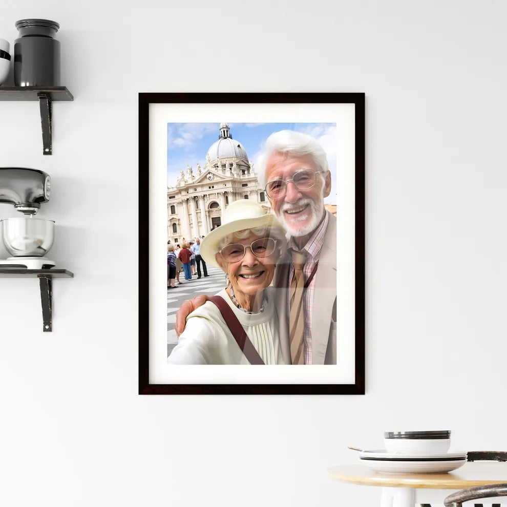 A Poster of Smiling elderly couple taking a  Framed Print