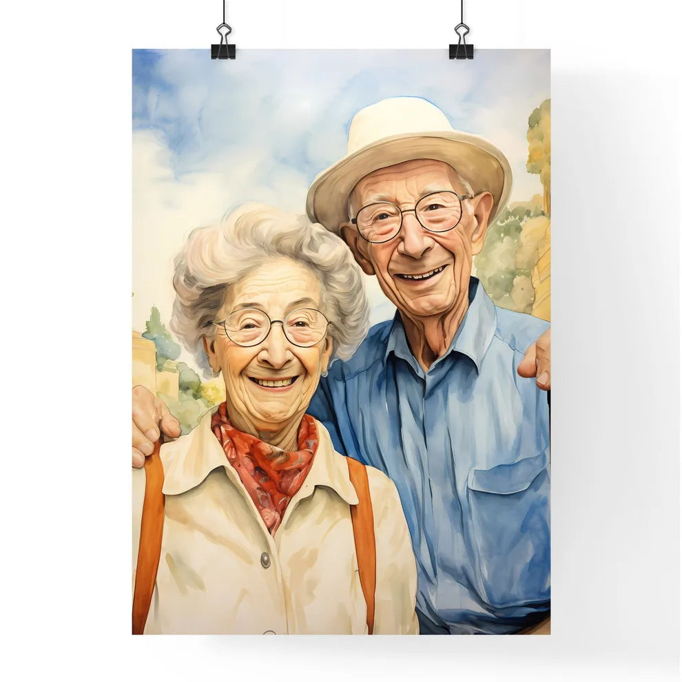 A Poster of Smiling elderly couple taking a  Poster