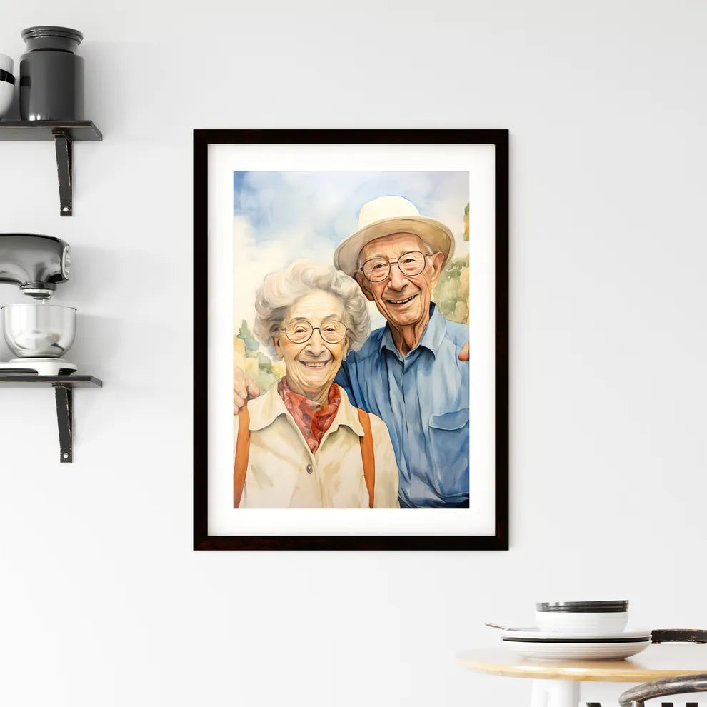 A Poster of Smiling elderly couple taking a  Framed Print